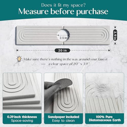 Stone Faucet Mat for Kitchen Sink – Diatomite Drying Stone Mat & Sink Protector, Prevents Moisture – Sink Splash Guard Water-Absorbing Stone Tray for Bathroom Counter [Light Grey, 20" x 3.9"]