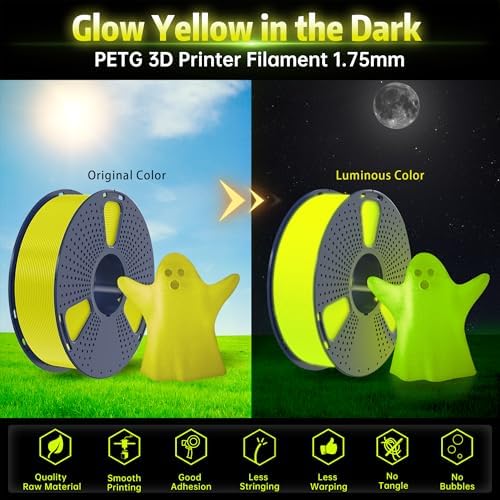 SUNLU PETG Glow in The Dark Filament, Luminous PETG 3D Printer Filament 1.75mm, High Brightness and Long Time Filament, Dimensional Accuracy +/- 0.02mm, 1kg Spool.(Glow Yellow)