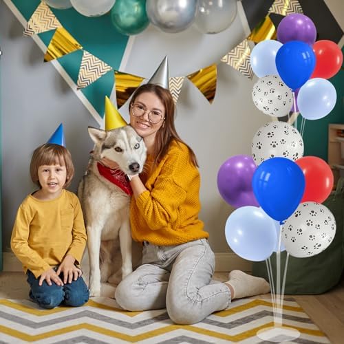Dog Birthday Party Decorations Balloon Stand Kit with Blue Red and Puppy Paw Balloons (Puppy paw set4)
