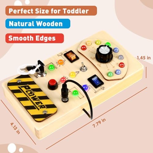 Joyreal Toddler Busy Board, Wooden Montessori Busy Board Sensory Board with LED Light Switch, Sensory Toys Baby Fidget Board Travel Toys for Toddler