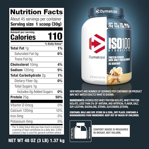 Dymatize ISO100 Whey Protein Powder Isolate, Vanilla, 25g of Protein, 3 Pound, 5.5g BCAAs, Less Than 120 Cal., Gluten Free, 1g Fat, 1g Sugar, 2g Carb (45 Servings)