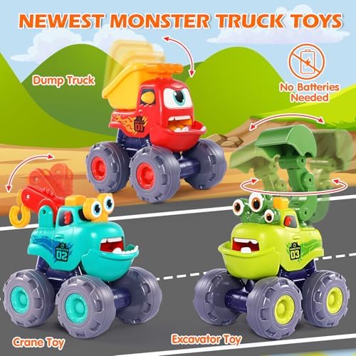 Monster Truck Toys for 1 2 3 Year Old Boy Birthday Gift, Outdoor Construction Toy Trucks Pull Back Cars for Toddlers 1-3, 1st Birthday Gifts 1 2 3 Year Old Boy Toys Baby Toddler Xmas Gifts Kids