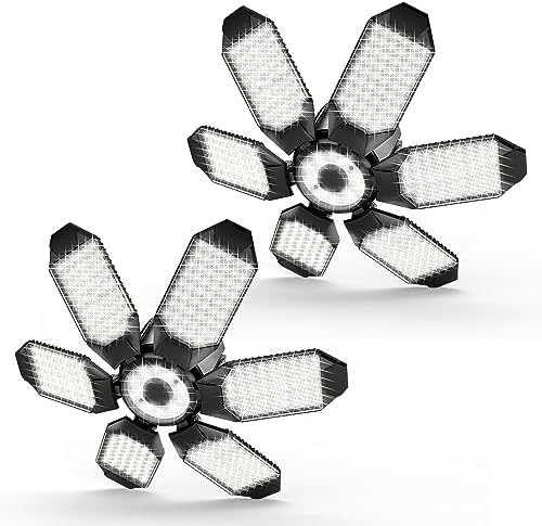 Garage Lights - 2Pack Super Bright 32000LM LED Garage Ceiling Light 6500K LED Shop Light w/ 6 Deformable Panels Screw in E26/E27 Socket Light Bulbs for Workshop Storage Warehouse Attic