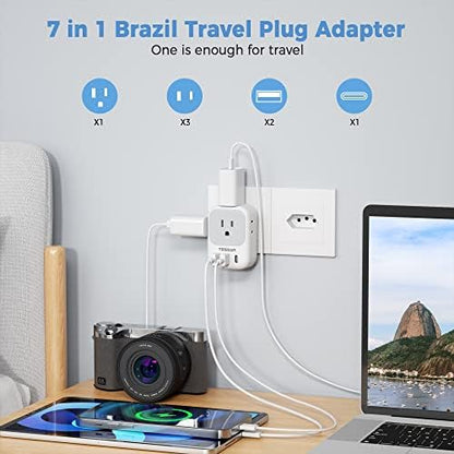 TESSAN Brazil Power Adapter, US to Brazil Travel Plug with 4 American Outlets 3 USB Charger (1 USB C Port), Type N Adaptor for USA to Brazilian Brasil