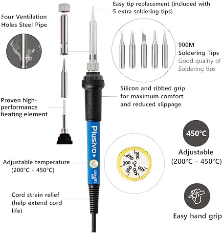 Soldering Iron Kit, 60W Soldering Iron, 5 Soldering Iron Tips, 21-in-1 Adjustable Temperature, Solder Wire, Stand, Desoldering Pump, Soldering Welding Iron Kit for Electronics Hobby DIY 110V US Plug