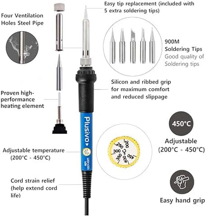 Soldering Iron Kit, 60W Soldering Iron, 5 Soldering Iron Tips, 21-in-1 Adjustable Temperature, Solder Wire, Stand, Desoldering Pump, Soldering Welding Iron Kit for Electronics Hobby DIY 110V US Plug