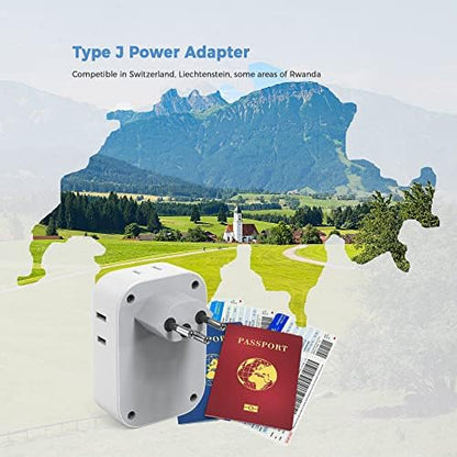 TESSAN Switzerland Power Adapter, Swiss Travel Adaptor with 4 American Outlets 3 USB Charger (1 USB C Port), Type J Plug for US to Liechtenstein Rwanda