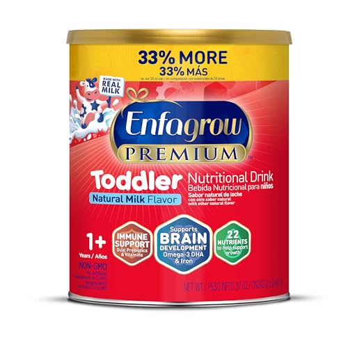 Enfagrow Premium Toddler Nutritional Drink, Made with Real Milk, Brain-Building Omega-3 DHA, Nutrients and Prebiotics for Growth & Immune Support, Non-GMO, Toddler Milk Powder, 32 Oz Can
