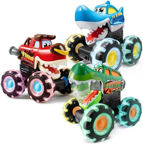 JOYIN 3 Pack Monster Truck Toy - Motion Activated Light-Up Cars for Toddlers - Monster Treads Lightning Wheels - Baby Toy Present - Press & Go Cars for Boys Girls Birthday Gifts