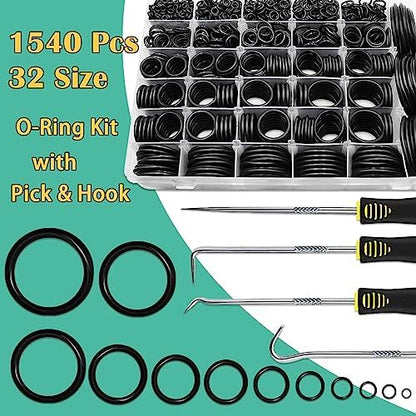 1540 Pcs 32 Size O-Rings Kit Nitrile Rubber O Ring Assortment with 4 Hook Set for Various Car Auto Vehicle Repair Plumbing Pressure Washer Air or Gas Sealing Connections Resist Oil and Heat