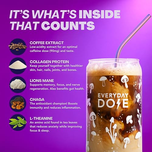 Everyday Dose Bold Medium Roast Mushroom Coffee 90mg Caffeine per serving with Grass-Fed Collagen, Chaga, Lions Mane & L-Theanine for Better Focus, Energy, Digestion, Skin, and Immunity 30 Servings
