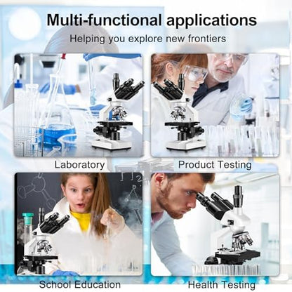 Trinocular Microscope 40X-5000X Magnification Laboratory Grade with Dual Mechanical Stage and HD USB Camera Microscope for Adults
