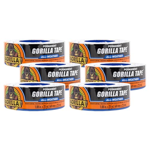 Gorilla All Weather Duct Tape, Black, 1.88" x 25 yd (Pack of 6) - UV and Temperature Resistant Waterproof Tape for Outdoor Repairs