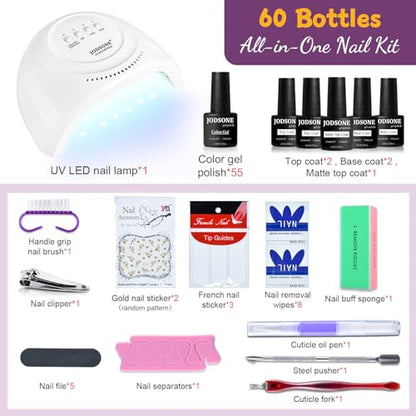 JODSONE Gel Nail Polish Kit 60 PCS with U V Light Soak off Base Top Coat 55 Shine Colors Gel Nail Kit Bright and Dark Brown Wine Red Series Manicure Set for Women and Girls