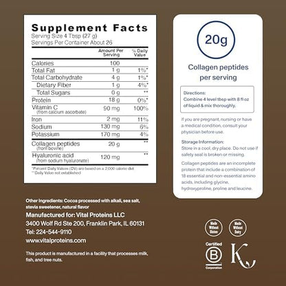 Vital Proteins Collagen Peptides Advanced, Hydrolyzed Peptides with Hyaluronic Acid and Vitamin C - Chocolate Flavor Powder, 24.7oz