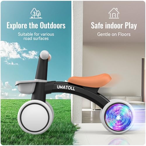 Umatoll Colorful Lighting Baby Balance Bike Toys for 1 Year Old Boys Gifts, Adjustable Seat Baby Walker, One Year Old Boy Birthday Gifts, 12-24 Months Toddler First Ride on Toys