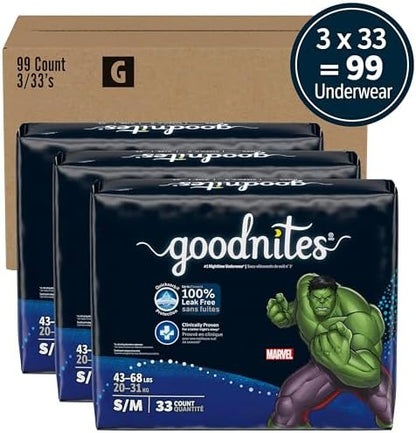 Goodnites Boys' Bedwetting Underwear, Size S/M (43-68 lbs), 99 Ct (3 Packs of 33), Packaging May Vary