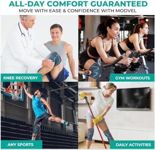 Modvel Compression Knee Brace for Women & Men - 2 Pack Knee Brace for Women Running Knee Pain, Knee Support Compression Sleeve, Workout Sports Knee Braces for Meniscus Tear ACL & Arthritis Pain Relief