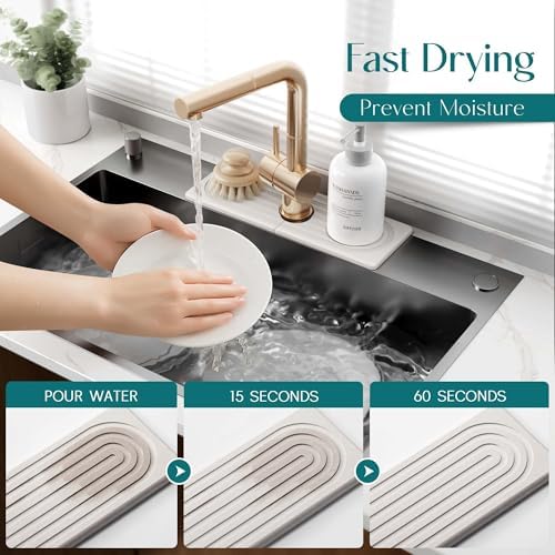 Faucet Mat for Kitchen Sink - Wider Diatomite Fast Drying Stone Sink Tray, Super Absorbent, Prevents Moisture Buildup - Faucet Splash Guard for Bathroom Counter [Light Grey, 15x5.3inch]