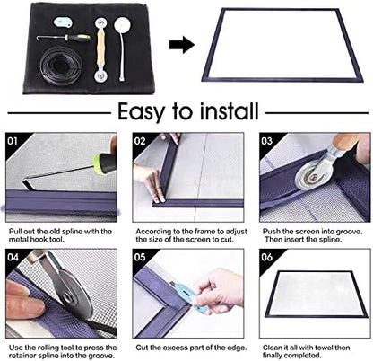 Windows Screen and Screen Door Repair Kit, 48"x118" Charcoal Fiberglass Mesh with Rolling Tool/Hook/Ruler/Cutter/Spline - Window Screen & Sliding Screen Door Replacement for Windows, TOOLTRIZ