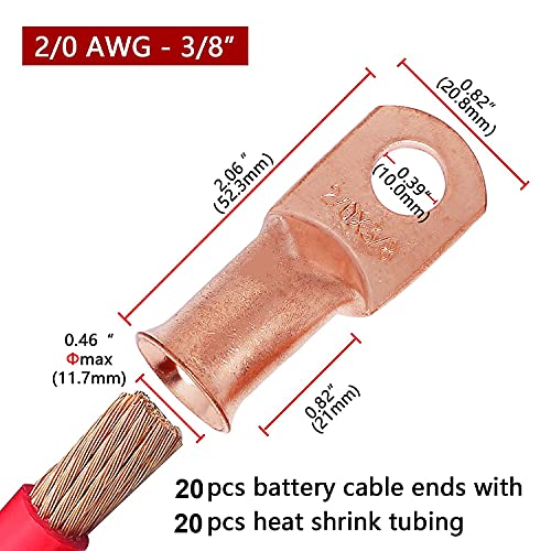 TKDMR 20pcs 2/0 AWG-3/8 Battery Lugs,Heavy Duty Wire Lugs,Ring Terminals,Battery Cable Ends,00 Guage terminals,Battery Terminal Connectors with 20pcs 3:1 Heat Shrink Tubing