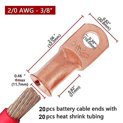 TKDMR 20pcs 2/0 AWG-3/8 Battery Lugs,Heavy Duty Wire Lugs,Ring Terminals,Battery Cable Ends,00 Guage terminals,Battery Terminal Connectors with 20pcs 3:1 Heat Shrink Tubing