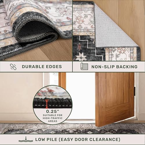 Black Washable Entry Rug, 2x3 Small Rugs for Entryway Kitchen Bathroom Door Mat Indoor Entrance, Non Slip Rubber Backing, Stain & Fade Resistant, Ashen Charcoal Floral Decor