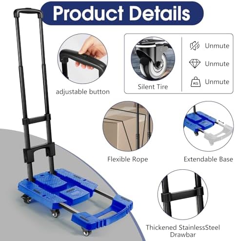 Folding Hand Truck 500lbs, Portable Heavy Duty Dolly Cart, 6 Wheels Collapsible Luggage Cart with 2 Elastic Ropes - Compact Trolley Cart for Easy Moving - Ideal Hand Cart for Travel and More