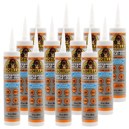 Gorilla Waterproof Caulk & Seal Silicone Sealant, 10oz Cartridge (Pack of 12) - Clear Caulking Sealant for Kitchen, Window, Bath, Marine, Door and More