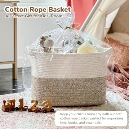 Goodpick Woven Storage Basket, Cotton Rope Basket for Dog Toys, Books, Stylish Gift Basket with Handles, 13 x 10 x 9 Inches Square Baskets for Organizing, Brown and White
