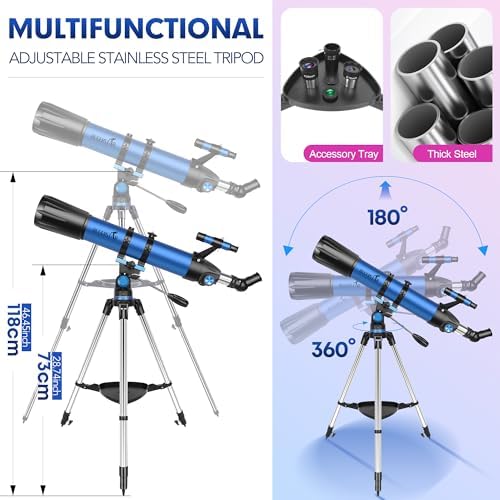 Telescope, Telescope for Adults High Powered, 90mm Aperture 800mm Professional Refractor Telescopes for Adults Astronomy Beginners with AZ Mount Stainless Tripod, Carry Bag and Moon Filter