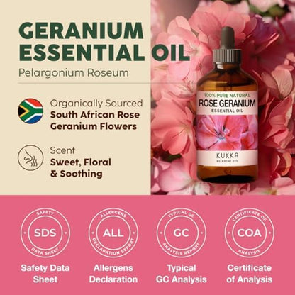 Kukka Rose Geranium Essential Oil for Skin - 4 Fl Oz - 100% Pure Natural Geranium Oil for Diffuser & Aromatherapy - Soap Making Scent & DIY
