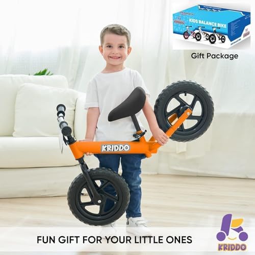 KRIDDO Toddler Balance Bike 2 Year Old, Age 18 Months to 5 Years Old, 12 Inch Push Bicycle with Customize Plate (3 Sets of Stickers Included), Gift Bike for 2-3 Boys Girls, Orange