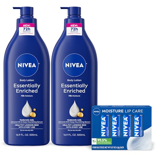 NIVEA Skin Care Set, Essentially Enriched Body Lotion Pack (2 x 16.9 Fl Oz) + Moisture Lip Care Lip Balm Set (4 x 0.17 Oz), Dermatologically Tested for Skin Compatibility