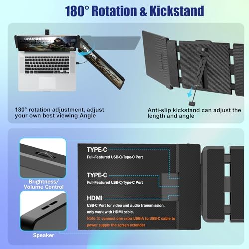 Laptop Screen Extender, 14" FHD 1080P IPS Laptop Monitor Extender Dual Screen, Portable Monitor for Laptops 13-17" with USB-C/HDMI Port, Plug n Play for Windows/Mac/Android/Switch/PS5