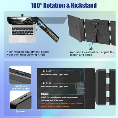 Laptop Screen Extender, 14" FHD 1080P IPS Laptop Monitor Extender Dual Screen, Portable Monitor for Laptops 13-17" with USB-C/HDMI Port, Plug n Play for Windows/Mac/Android/Switch/PS5