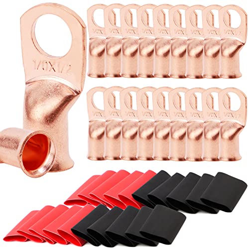 TKDMR 20pcs 1/0 AWG-1/2 Battery Lugs,Heavy Duty Wire Lugs,Ring Terminals,Battery Cable Ends,0 Guage terminals,Battery Terminal Connectors with 20pcs 3:1 Heat Shrink Tubing