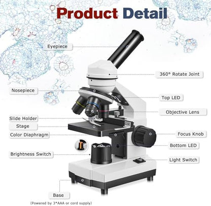 Microscope for Adults Kids Students, 40X-2000X Microscope for Beginners, Biological Microscope Kit with Phone Holder, 10pcs Specimen Slides, 20 Pcs Slides & 100pcs Coverslips, Storage Bag