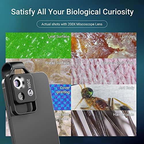 200X Phone Mini Pocket Microscope with LED Light/Universal Clip, Portable Digital Microscope Camera Attachments for 99% Smartphone, Microworld for Kids Adults (Black, 200X Without CPL)
