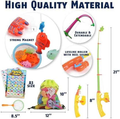 CozyBomB™ Magnetic Fishing Toys Game Set for Kids | Water Table Bathtub Kiddie Pool Party & Pole Rod Net, Plastic Floating Fish Toddler Color Ocean Sea Animals Birthday Age 3 4 5 6 Year