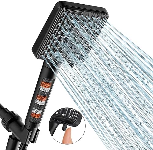 Filtered Shower Head Black - 6 Modes High Pressure Handheld Shower Head with Filter Mineral Beads, Detachable Handheld Showerhead Set with Stainless Steel Hose and Shower Arm Bracket