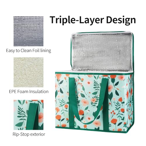 Bodaon 2-Pack Insulated Reusable Grocery Shopping Bags, X-Large Picnic Cooler Bag with Zipper/Zippered Top Cold, Insulated Food/Pizza Delivery Bag for Catering/Doordash/Uber Eats