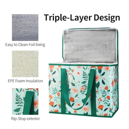 Bodaon 2-Pack Insulated Reusable Grocery Shopping Bags, X-Large Picnic Cooler Bag with Zipper/Zippered Top Cold, Insulated Food/Pizza Delivery Bag for Catering/Doordash/Uber Eats