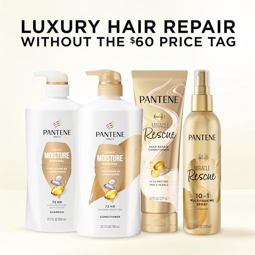 Pantene Shampoo & Conditioner Set, Daily Moisture Renewal - Pro-V Nutrients for Dry, Color-Treated, Straight to Curly Hair, 72-Hour Hydration & Softness, 52.8 Oz Total + Miracle Rescue Shot (0.5 Oz)