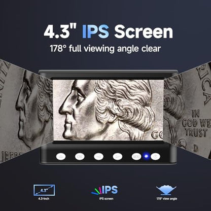 LPM7 4.3" Coin Microscope, IPS Digital Microscope for Adults, Coin Magnifier with 8 LED Lights, Windows Compatible, Include 32GB Memory Card