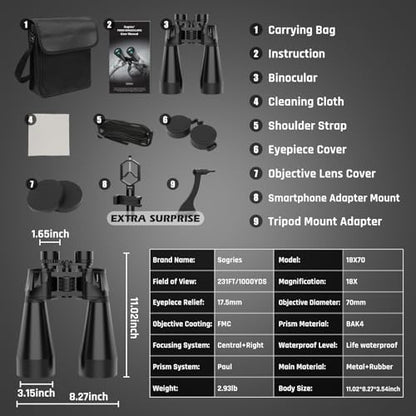 18x70 Binoculars for Adults High Powered, Large Aperture 70mm Astronomy Binoculars for Long Distance Viewing, Waterproof & Fogproof with Smartphone Adapter, Tripod Adapter, Carrying Case