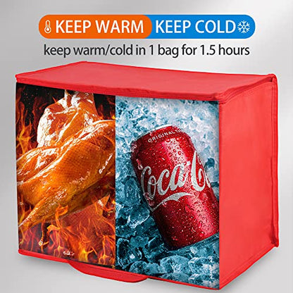 Bodaon 2-Pack Insulated Reusable Grocery Bag with Zippered Top, X-Large Insulated Food/Pizza Delivery Bag, Frozen Foods Cold, Cooler Shopping Bags, Red