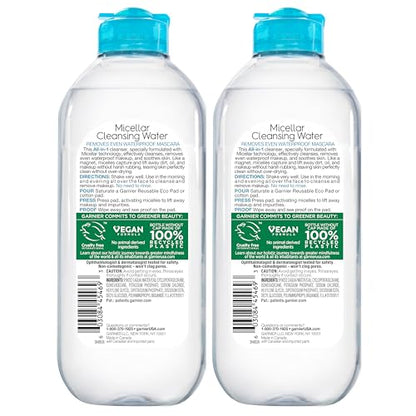 Garnier Micellar Water for Waterproof Makeup, Hydrating Facial Cleanser & Makeup Remover, Suitable for Sensitive Skin, Vegan, Cruelty Free, 13.5 Fl Oz (400mL), 2 Count