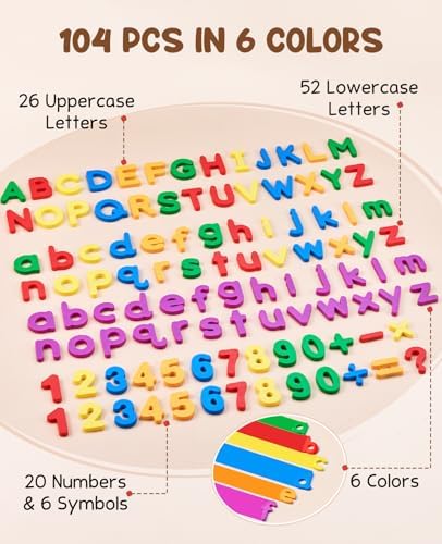 JoyCat 104 Pieces Magnetic Letters Numbers Alphabet Fridge Magnets ABC 123 Preschool Educational Learning Plastic Colorful Toy Set Uppercase Lowercase Math Symbols for Toddlers Kids