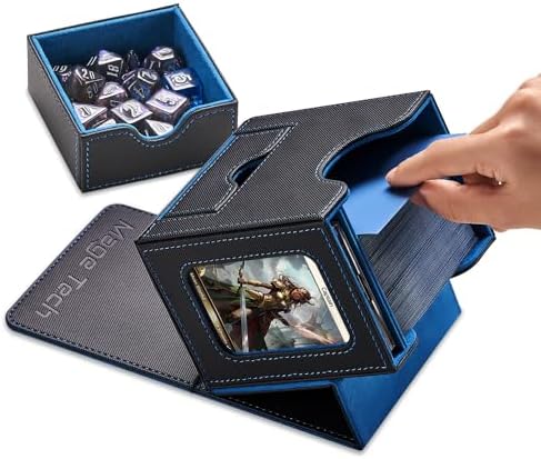 Card Deck Box for MTG Commander - Patented Design, Commander Display, Fits 100 Double-Sleeved Cards, 35pt Card Brick & Dice Tray - Black/Blue